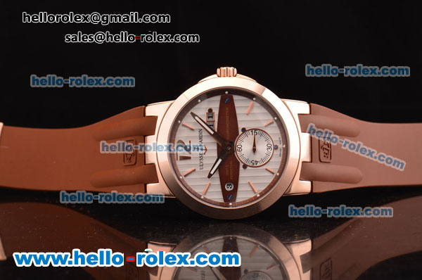 Ulysse Nardin Executive Dual Time ST22 Automatic Run 6@Sec Rose Gold Case with White Dial and Brown Rubber Strap 7750 Coating - Click Image to Close